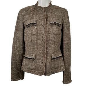 Elie Tahari Silk Wool Tweed Jacket Blazer Pockets Tan Small Classic Quiet Luxury
